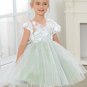 Flower Girl Dresses | A-line V-Neck Knee-Length Lace/Tulle Flower Girl Dress Celadon – Girls