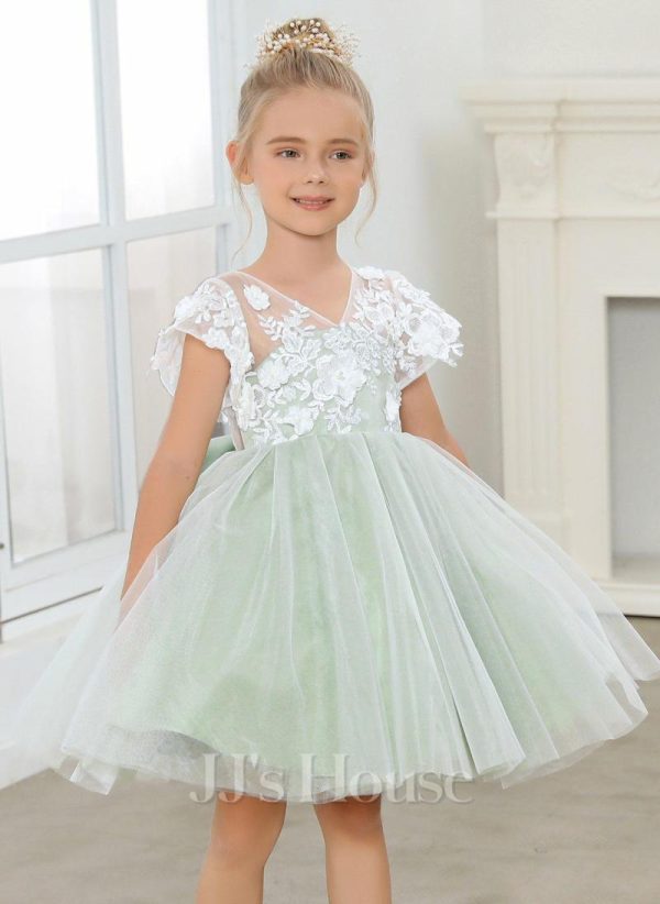 Flower Girl Dresses | A-line V-Neck Knee-Length Lace/Tulle Flower Girl Dress Celadon – Girls