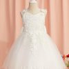 Flower Girl Dresses | A-line V-Neck Knee-Length Lace/Tulle Flower Girl Dress Ivory – Girls