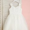 Flower Girl Dresses | A-line V-Neck Knee-Length Lace/Tulle Flower Girl Dress Ivory – Girls