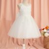 Flower Girl Dresses | A-line V-Neck Knee-Length Lace/Tulle Flower Girl Dress Ivory – Girls