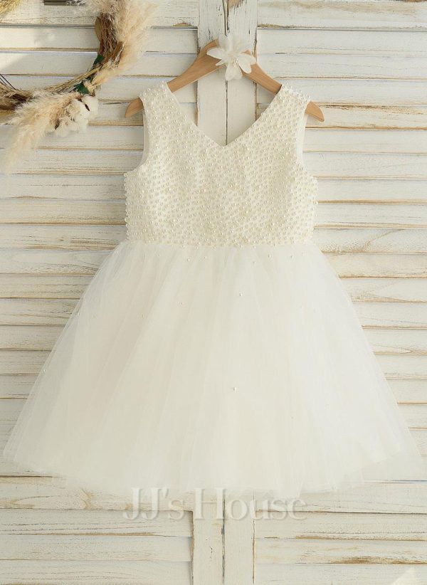 Flower Girl Dresses | A-line V-Neck Knee-Length Satin/Tulle Flower Girl Dress Ivory – Girls