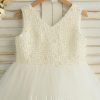 Flower Girl Dresses | A-line V-Neck Knee-Length Satin/Tulle Flower Girl Dress Ivory – Girls