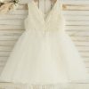 Flower Girl Dresses | A-line V-Neck Knee-Length Satin/Tulle Flower Girl Dress Ivory – Girls