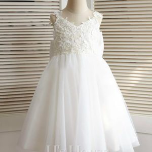 Flower Girl Dresses | A-line V-Neck Knee-Length Tulle Flower Girl Dress Ivory – Girls