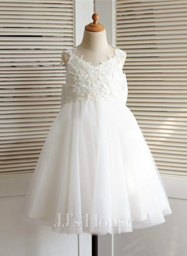 Flower Girl Dresses | A-line V-Neck Knee-Length Tulle Flower Girl Dress Ivory – Girls