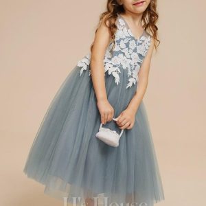 Flower Girl Dresses | A-line V-Neck Tea-Length Lace/Tulle Flower Girl Dress Dusty Blue – Girls