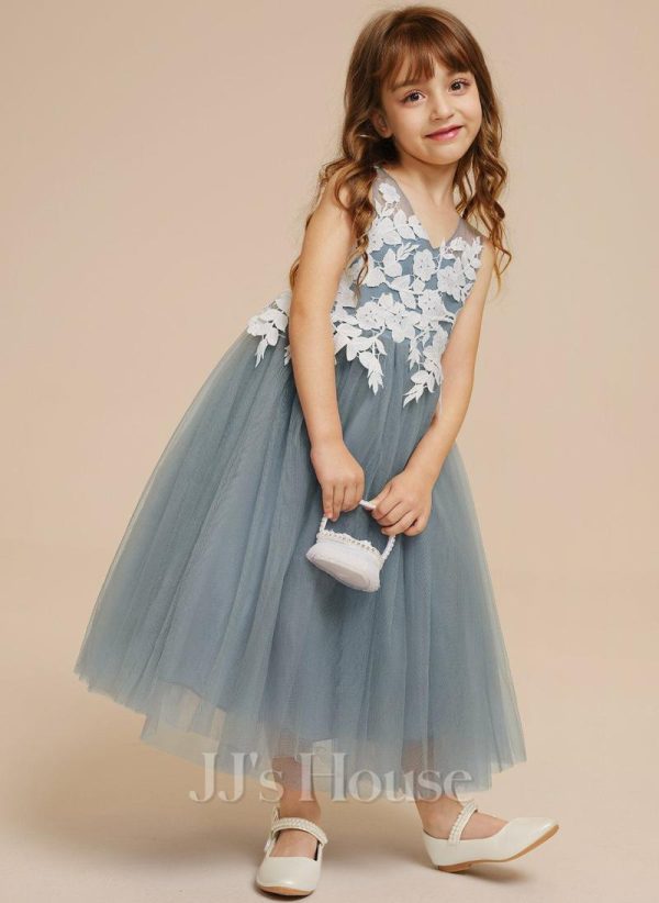 Flower Girl Dresses | A-line V-Neck Tea-Length Lace/Tulle Flower Girl Dress Dusty Blue – Girls