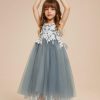 Flower Girl Dresses | A-line V-Neck Tea-Length Lace/Tulle Flower Girl Dress Dusty Blue – Girls