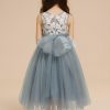 Flower Girl Dresses | A-line V-Neck Tea-Length Lace/Tulle Flower Girl Dress Dusty Blue – Girls