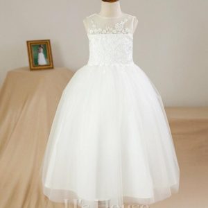 Flower Girl Dresses | Ball-Gown/Princess Scoop Ankle-Length Satin/Tulle Flower Girl Dress Ivory – Girls