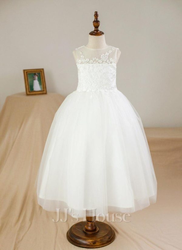 Flower Girl Dresses | Ball-Gown/Princess Scoop Ankle-Length Satin/Tulle Flower Girl Dress Ivory – Girls