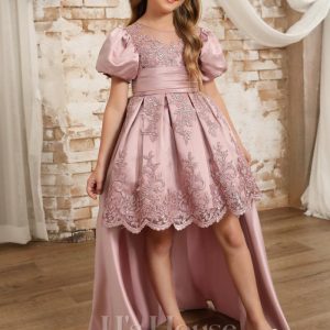 Flower Girl Dresses | Ball-Gown/Princess Scoop Detachable/Knee-Length Lace/Satin Flower Girl Dress Dusty Rose – Girls