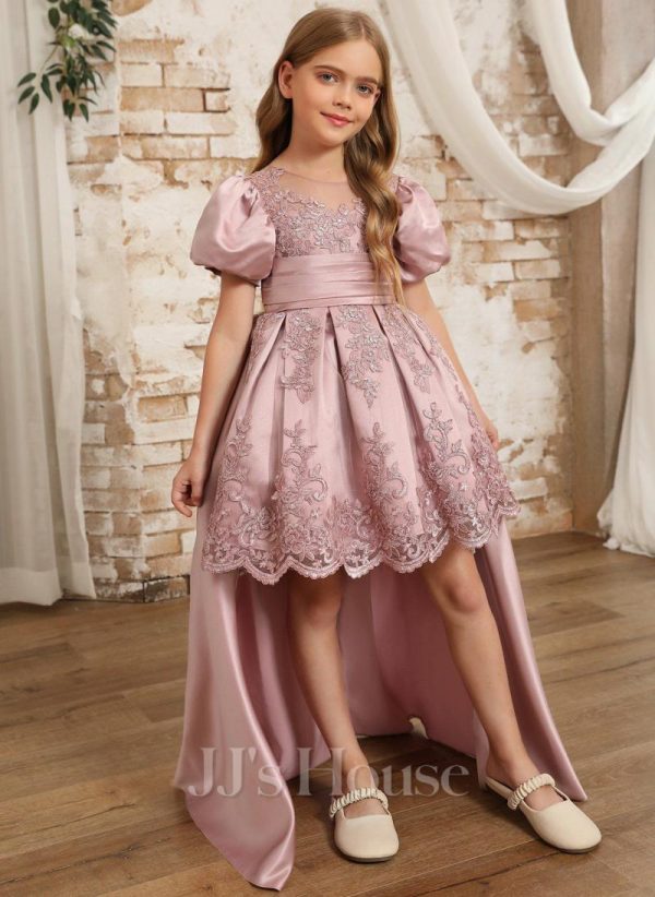 Flower Girl Dresses | Ball-Gown/Princess Scoop Detachable/Knee-Length Lace/Satin Flower Girl Dress Dusty Rose – Girls