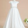 Flower Girl Dresses | Ball-Gown/Princess Scoop Floor-Length Lace/Satin Flower Girl Dress Ivory – Girls