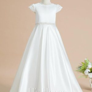 Flower Girl Dresses | Ball-Gown/Princess Scoop Floor-Length Lace/Satin Flower Girl Dress Ivory – Girls