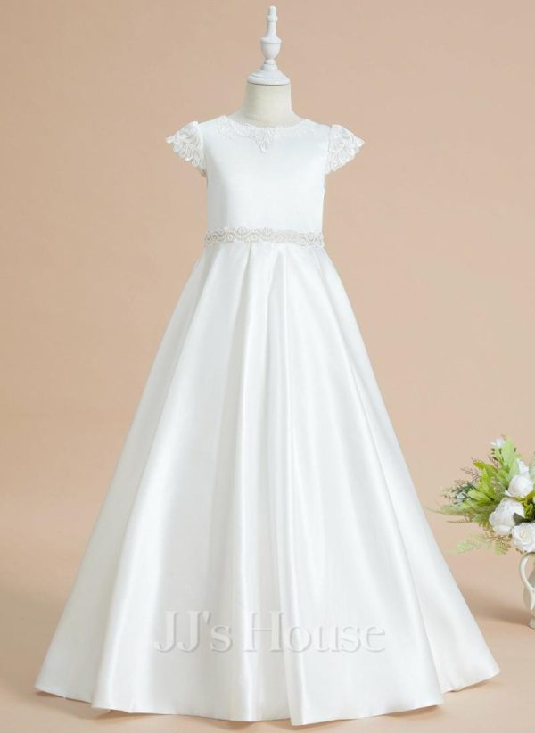 Flower Girl Dresses | Ball-Gown/Princess Scoop Floor-Length Lace/Satin Flower Girl Dress Ivory – Girls