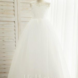 Flower Girl Dresses | Ball-Gown/Princess Scoop Floor-Length Lace/Satin/Tulle Flower Girl Dress Ivory – Girls