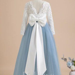 Flower Girl Dresses | Ball-Gown/Princess Scoop Floor-Length Lace/Tulle Flower Girl Dress Dusty Blue – Girls