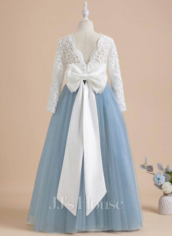 Flower Girl Dresses | Ball-Gown/Princess Scoop Floor-Length Lace/Tulle Flower Girl Dress Dusty Blue – Girls