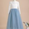 Flower Girl Dresses | Ball-Gown/Princess Scoop Floor-Length Lace/Tulle Flower Girl Dress Dusty Blue – Girls