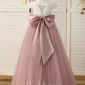 Flower Girl Dresses | Ball-Gown/Princess Scoop Floor-Length Lace/Tulle Flower Girl Dress Dusty Rose – Girls