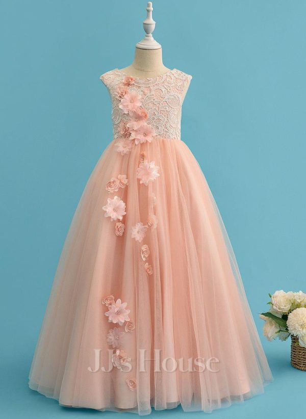 Flower Girl Dresses | Ball-Gown/Princess Scoop Floor-Length Lace/Tulle Flower Girl Dress Pearl Pink – Girls