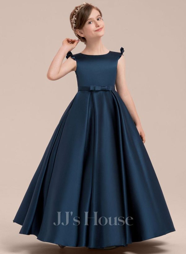 Flower Girl Dresses | Ball-Gown/Princess Scoop Floor-Length Satin Flower Girl Dress Dark Navy – Girls