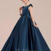 Flower Girl Dresses | Ball-Gown/Princess Scoop Floor-Length Satin Flower Girl Dress Dark Navy – Girls