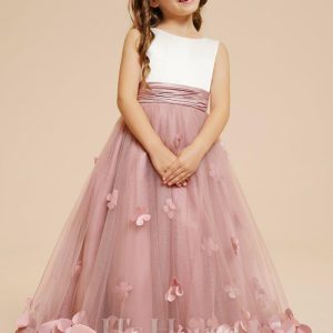 Flower Girl Dresses | Ball-Gown/Princess Scoop Floor-Length Satin/Tulle Flower Girl Dress Dusty Rose – Girls