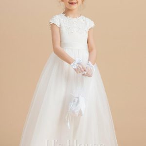 Flower Girl Dresses | Ball-Gown/Princess Scoop Floor-Length Satin/Tulle Flower Girl Dress Ivory – Girls