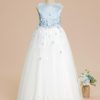 Flower Girl Dresses | Ball-Gown/Princess Scoop Floor-Length Satin/Tulle Flower Girl Dress Sky Blue – Girls