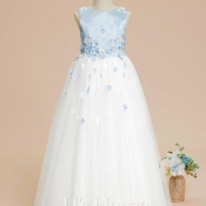 Flower Girl Dresses | Ball-Gown/Princess Scoop Floor-Length Satin/Tulle Flower Girl Dress Sky Blue – Girls