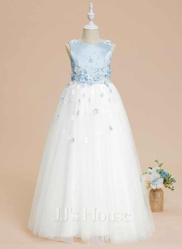 Flower Girl Dresses | Ball-Gown/Princess Scoop Floor-Length Satin/Tulle Flower Girl Dress Sky Blue – Girls