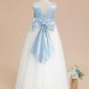 Flower Girl Dresses | Ball-Gown/Princess Scoop Floor-Length Satin/Tulle Flower Girl Dress Sky Blue – Girls