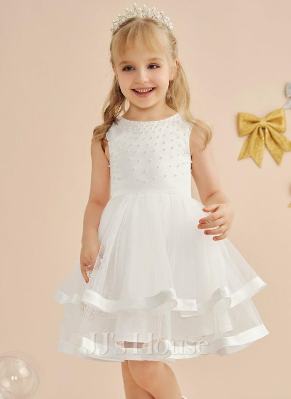 Flower Girl Dresses | Ball-Gown/Princess Scoop Knee-Length Satin/Tulle Flower Girl Dress Ivory – Girls