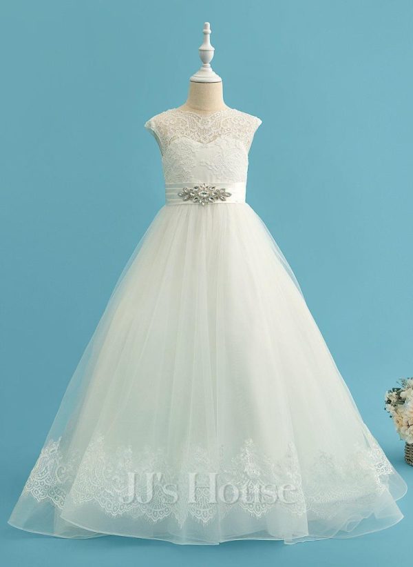 Flower Girl Dresses | Ball-Gown/Princess Scoop Sweep Train Lace/Satin/Tulle Flower Girl Dress Ivory – Girls