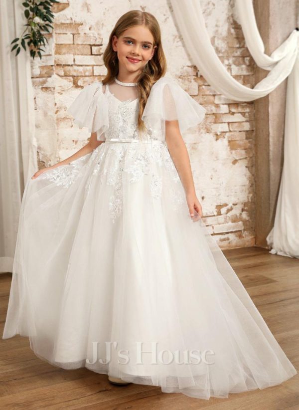 Flower Girl Dresses | Ball-Gown/Princess Scoop Sweep Train Lace/Tulle Flower Girl Dress Ivory – Girls