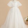 Flower Girl Dresses | Ball-Gown/Princess Scoop Sweep Train Lace/Tulle Flower Girl Dress Ivory – Girls