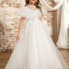 Flower Girl Dresses | Ball-Gown/Princess Scoop Sweep Train Lace/Tulle Flower Girl Dress Ivory – Girls