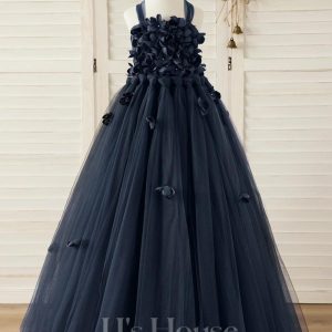 Flower Girl Dresses | Ball-Gown/Princess Square Floor-Length Tulle Flower Girl Dress Dark Navy – Girls