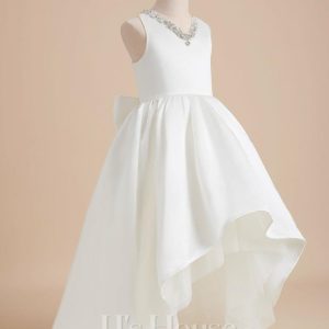 Flower Girl Dresses | Ball-Gown/Princess V-Neck Asymmetrical Satin Flower Girl Dress Ivory – Girls