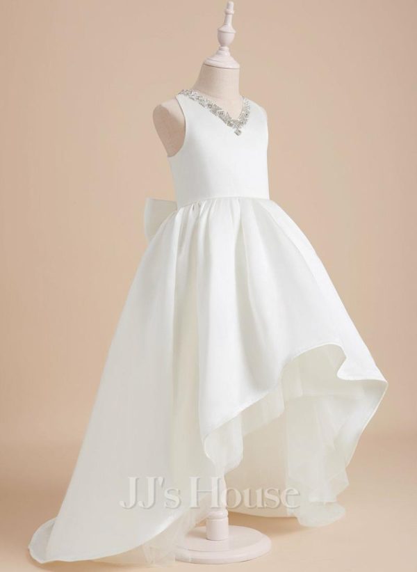 Flower Girl Dresses | Ball-Gown/Princess V-Neck Asymmetrical Satin Flower Girl Dress Ivory – Girls