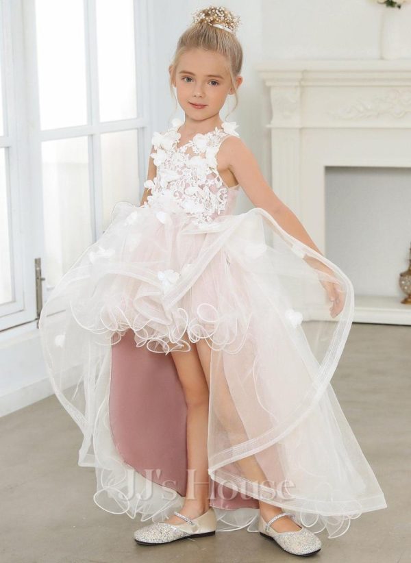 Flower Girl Dresses | Ball-Gown/Princess V-Neck Asymmetrical Tulle Flower Girl Dress Dusty Rose – Girls