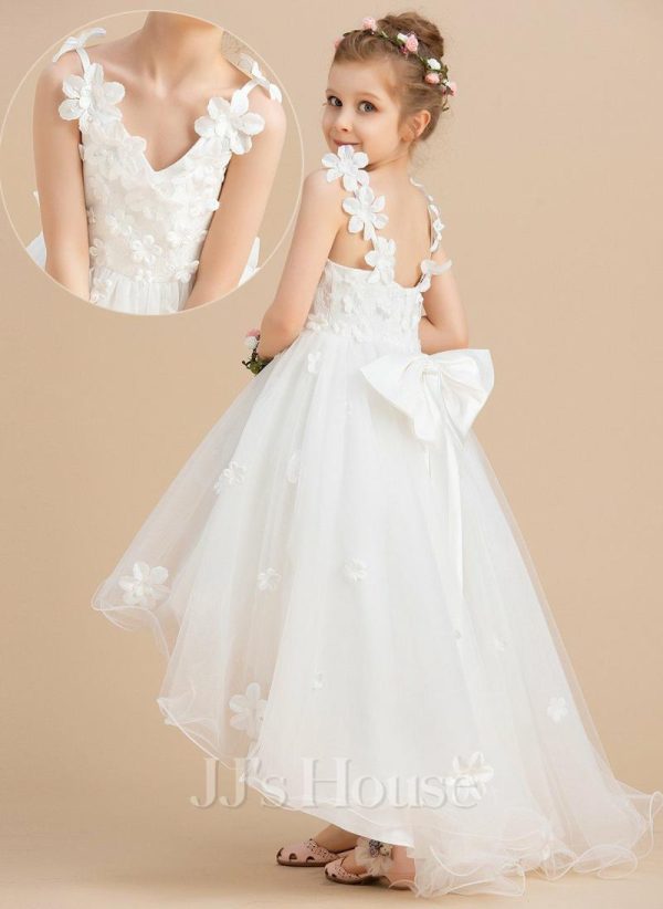 Flower Girl Dresses | Ball-Gown/Princess V-Neck Asymmetrical Tulle Flower Girl Dress Ivory – Girls