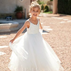 Flower Girl Dresses | Ball-Gown/Princess V-Neck Floor-Length Lace/Tulle Flower Girl Dress Ivory – Girls