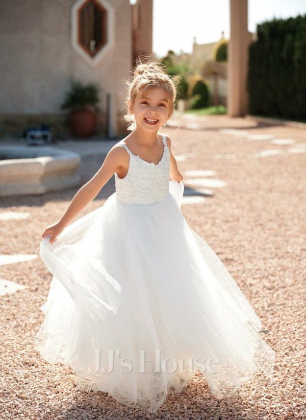 Flower Girl Dresses | Ball-Gown/Princess V-Neck Floor-Length Lace/Tulle Flower Girl Dress Ivory – Girls