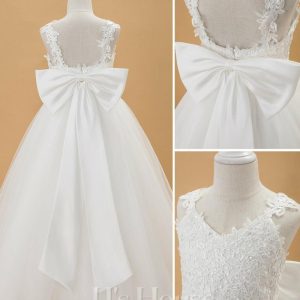 Flower Girl Dresses | Ball-Gown/Princess V-Neck Floor-Length Lace/Tulle Flower Girl Dress Ivory – Girls