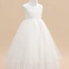 Flower Girl Dresses | Ball-Gown/Princess V-Neck Floor-Length Lace/Tulle Flower Girl Dress Ivory – Girls