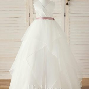 Flower Girl Dresses | Ball-Gown/Princess V-Neck Floor-Length Satin/Organza Flower Girl Dress Ivory – Girls